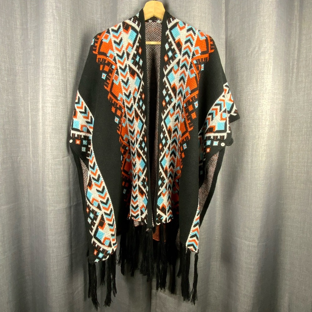 Boho Tribal Fringe Poncho Shawl Wrap | Open Front | Layering